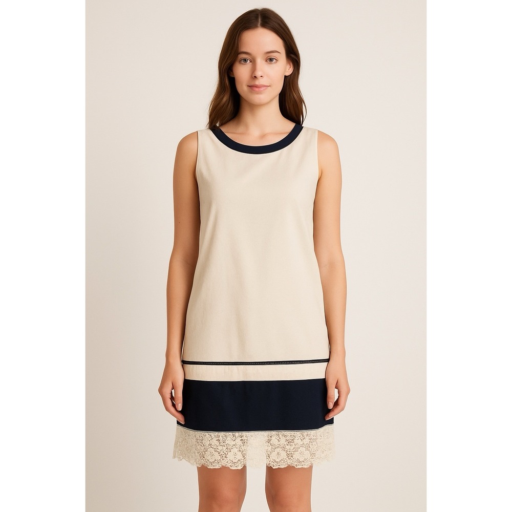 LOFT BEAUTIFUL Lace Eyelet Embroidered Ivory / Navy Linen Blend Dress Sz 16 EUC